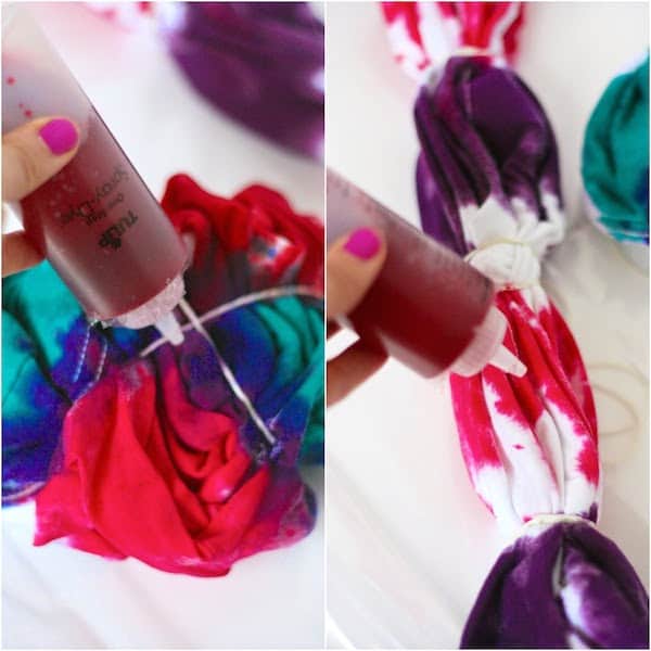 Applying tie dye to a white t-shirt