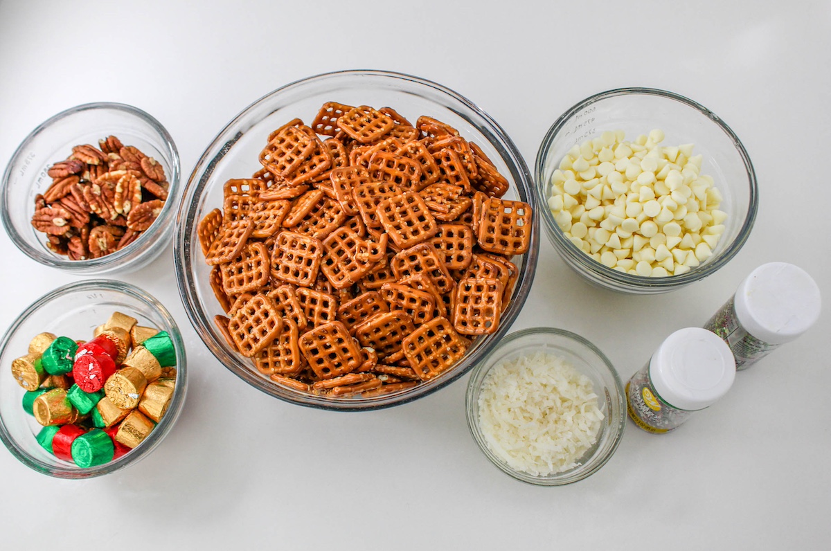Pretzels, rolos, pecans, melted wafers, sprinkles