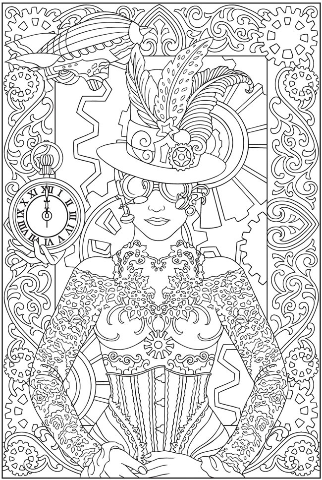 Steampunk Lady adult coloring page
